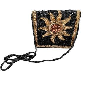 Vintage Black Silk Beaded Mini Purse with Gold & Bronze Sunburst Design | Circa